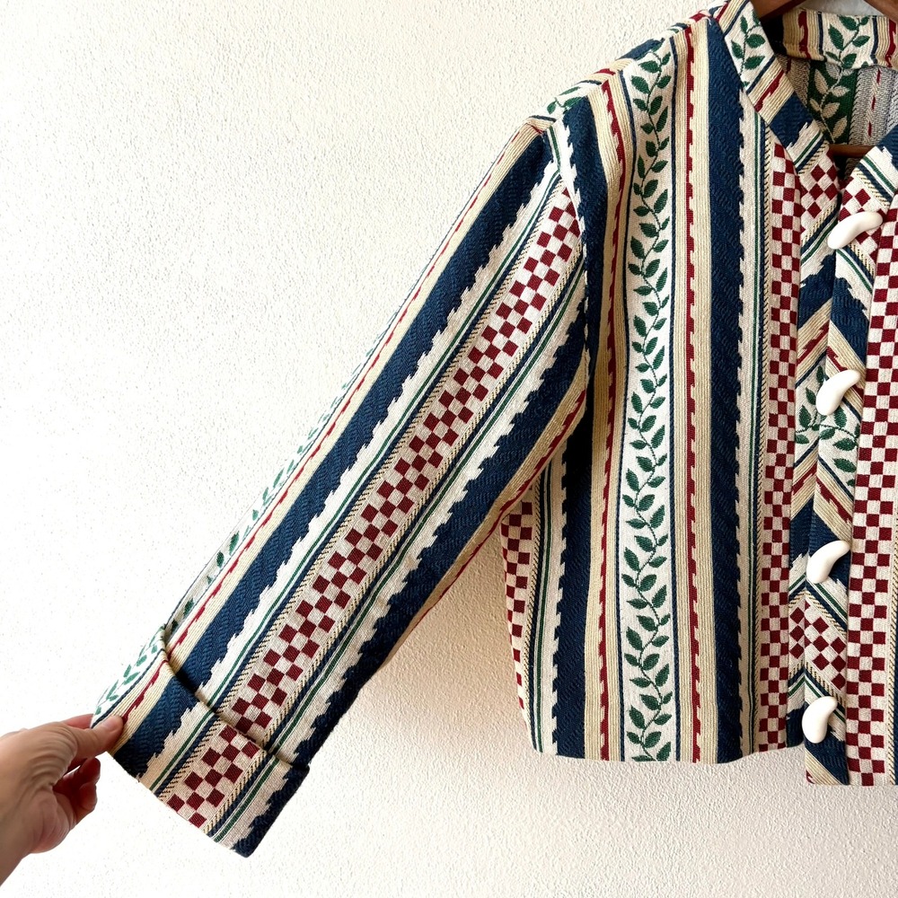 Doncaster Vintage Tapestry Jacket 10 Leaf Check Stripe Toggle USA Made 90s Artsy - Picture 6 of 12